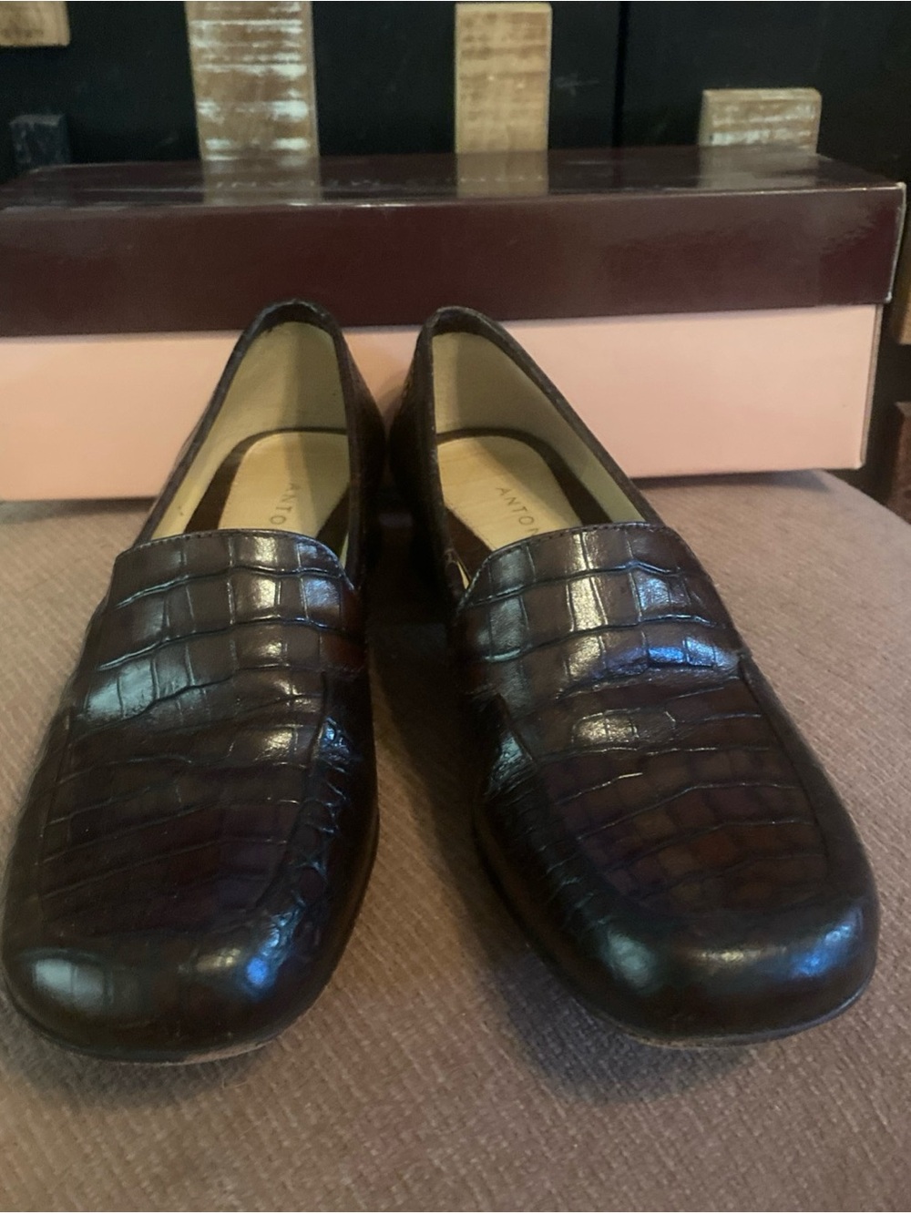 ANTONIO MELANI Dark Brown Croc-Embossed Leather Loafers